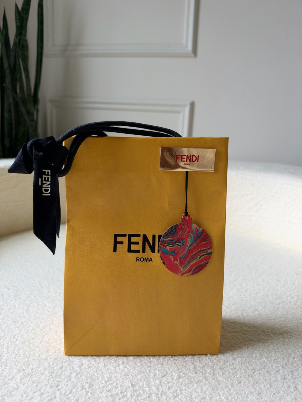 Fendi Yellow Holiday Gift Small Shopping Bag with Black Ribbon